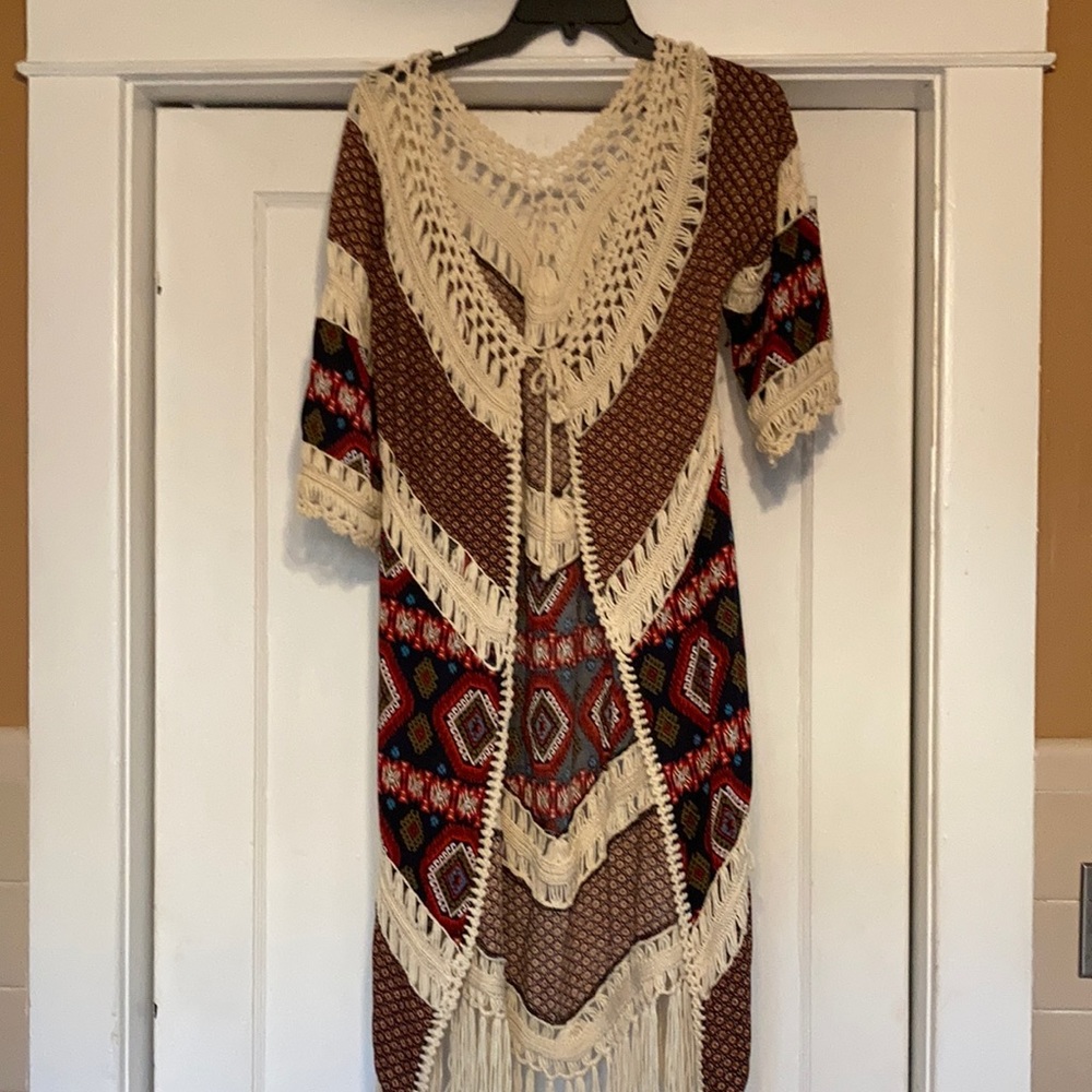 Umgee Cream and Brown Crochet Fringe Cardigan with Multicolor Aztec Pattern